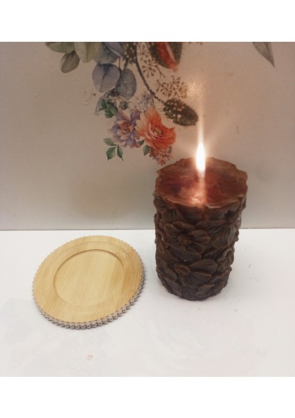 Soyawax Aroma Terapi Kokulu Çiçek Desenli Mum ve Inci Desenli Ahşap Mum Altlığı