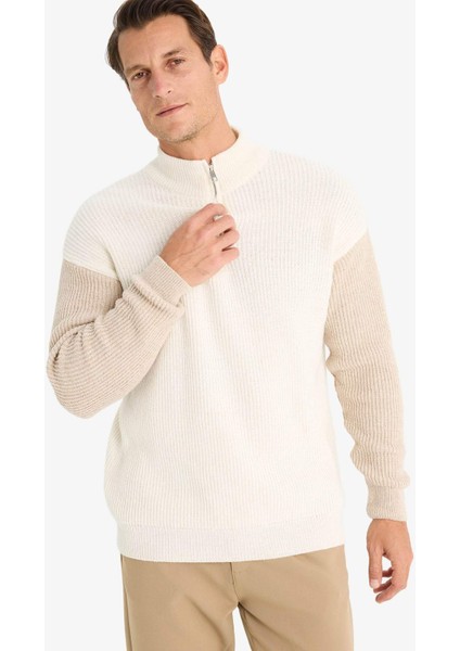 Relax Fit Renk Bloklu Dik Yaka Yarım Fermuarlı Triko Kazak Y0623Az24Au fırsatları