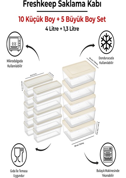 15 Adet Saklama Kabı (5 Büyük-10 Orta Boy) 4 Litre + 1,3 Litre Derin Dondurucu Mikrodalga Uyumlu