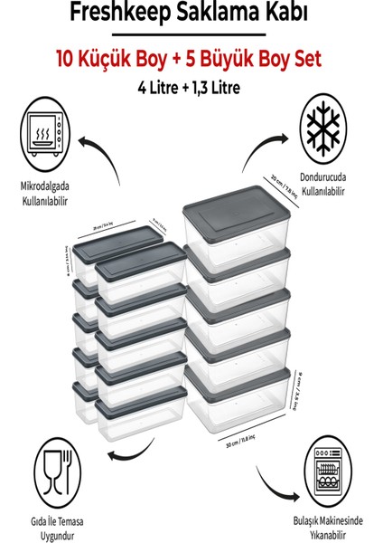 15 Adet Saklama Kabı (5 Büyük-10 Orta Boy) 4 Litre + 1,3 Litre Derin Dondurucu Mikrodalga Uyumlu