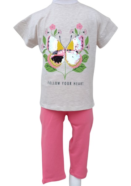 Kız Çocuk İkili Takım Kahvemelanj T-Shirt Pembe Tayt