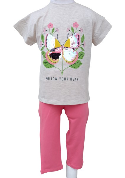 Kız Çocuk İkili Takım Kahvemelanj T-Shirt Pembe Tayt