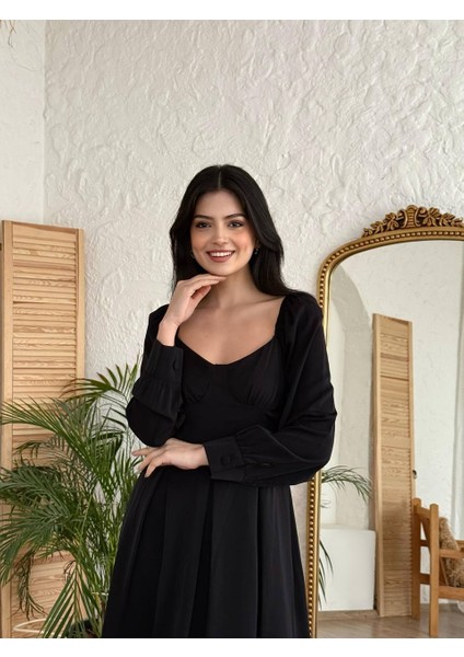 Kadın Uzun Kollu Kalp Yaka Mini Elbise – Fit Kesim fiyatları