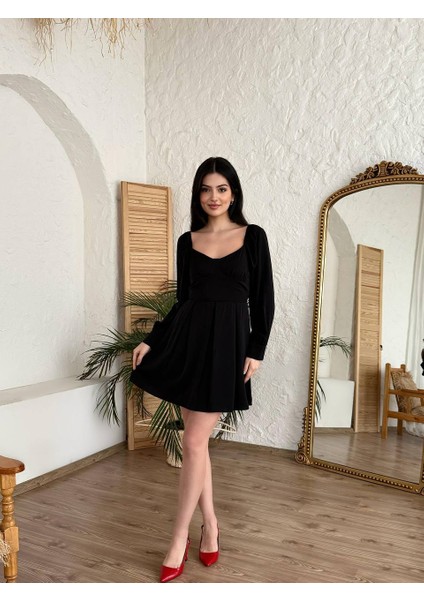 Kadın Uzun Kollu Kalp Yaka Mini Elbise – Fit Kesim indirimleri