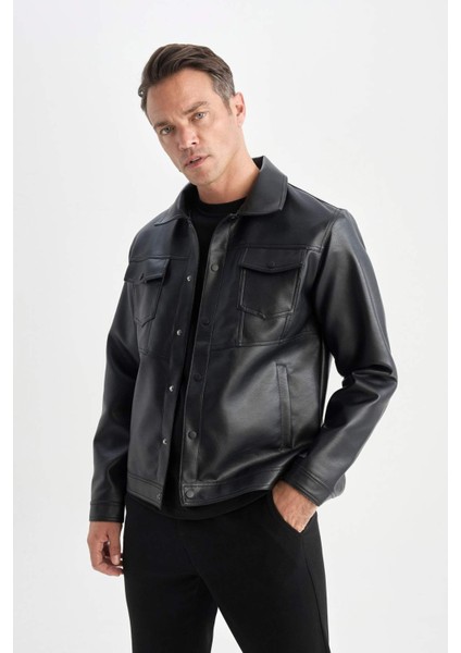 Su İtici Slim Fit Çıtçıtlı Mont Dar Kesim Suni Deri Gömlek Yaka Cepli D6589AX25SP modelleri
