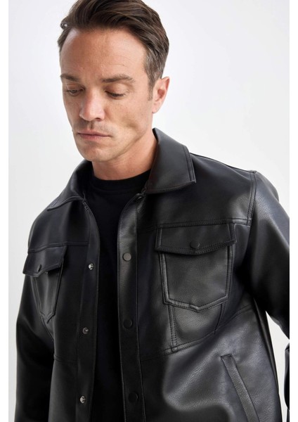 Su İtici Slim Fit Çıtçıtlı Mont Dar Kesim Suni Deri Gömlek Yaka Cepli D6589AX25SP fırsatları