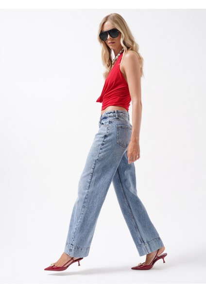 Double Paça Yüksek Bel Mavi Jean
