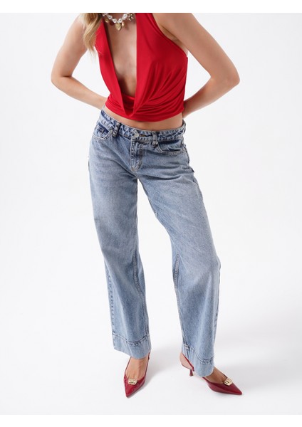 Double Paça Yüksek Bel Mavi Jean