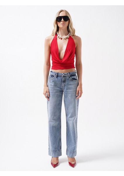 Double Paça Yüksek Bel Mavi Jean