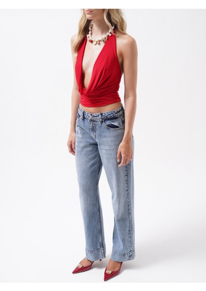 Double Paça Yüksek Bel Mavi Jean