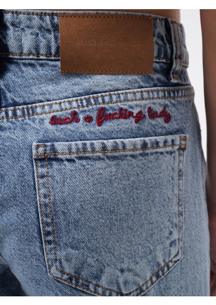 Double Paça Yüksek Bel Mavi Jean