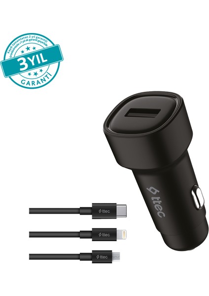Smartcharger 2.4A Trio Kablo Araç Şarj Aleti
