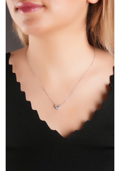 925 Ayar Gümüş, Rodyum Kaplamalı Taş Ile Kalp Deseni , Ortası Kurdaleli Kolye fiyatları