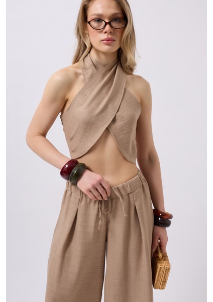 Çapraz Bağlamalı Keten Vizon Crop
