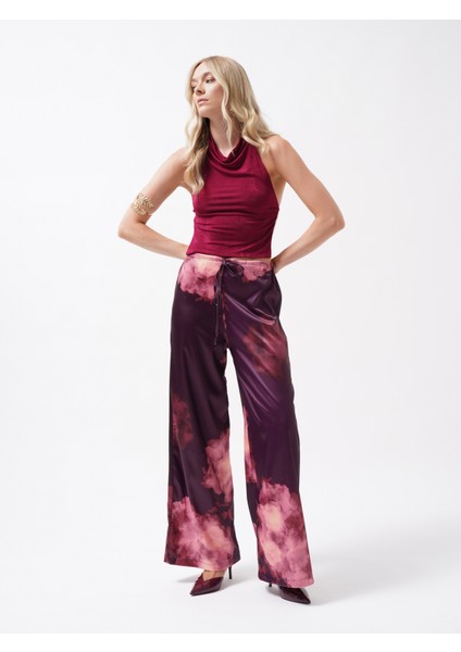 Bel Lastikli Desenli Saten Bordo Pantolon