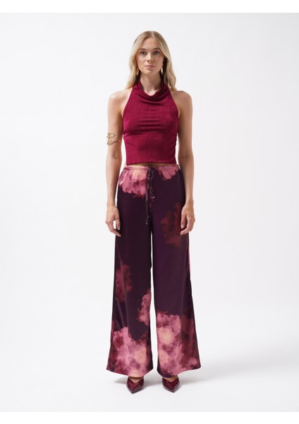 Bel Lastikli Desenli Saten Bordo Pantolon modelleri