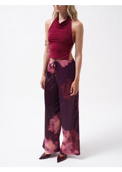 Bel Lastikli Desenli Saten Bordo Pantolon fırsatları