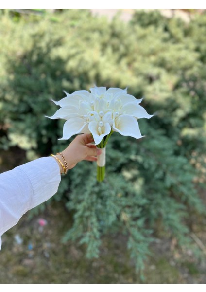 White Pearl –inci Detaylı Beyaz Gala-Lale Aranjmanı Gelin Buketi & Söz-Nişan Için Yapay Çiçek Buketi modelleri