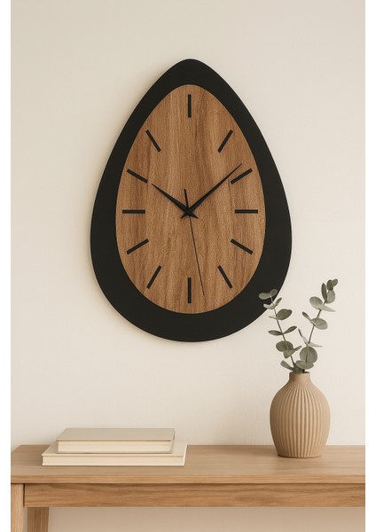 Dekoratif Damla Tasarımlı Duvar Saati – Ahşap & Siyah Modern 45 cm