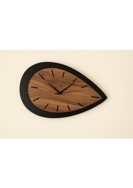 Dekoratif Damla Tasarımlı Duvar Saati – Ahşap & Siyah Modern 45 cm