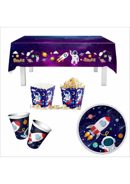 Uzay Temalı Tabak Bardak Masa Örtüsü ve Mısır Kutusu