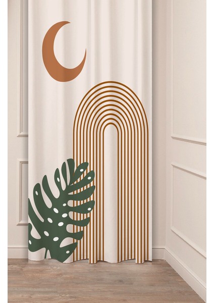 Ay Yaprak Grafik Bohem Minimalist Bej Krem Desenli Özel Tasarım Dijital Baskılı (Tek Kanat)Fon Perde