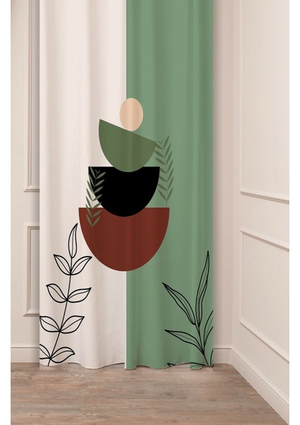 Yaprak Grafik Bohem Minimalist Bej Krem Desenli Özel Tasarım Dijital Baskılı (Tek Kanat) Fon Perde