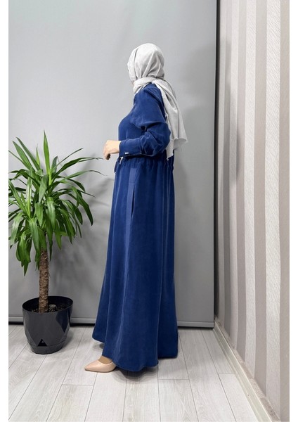 Yakası Fermuarlı Beli Büzgülü Cupro Elbise Indigo T25Y-4011