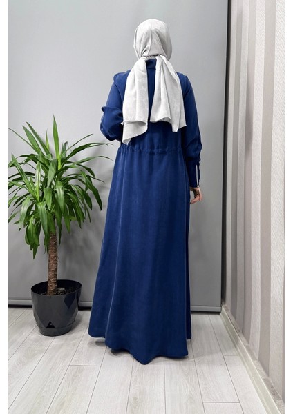 Yakası Fermuarlı Beli Büzgülü Cupro Elbise Indigo T25Y-4011