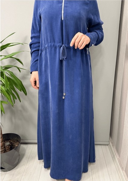 Yakası Fermuarlı Beli Büzgülü Cupro Elbise Indigo T25Y-4011