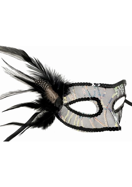 Siyah Renk Yandan Tüylü Pul Payet Işlemeli Parti Maskesi 23X12 cm (5047) fiyatları