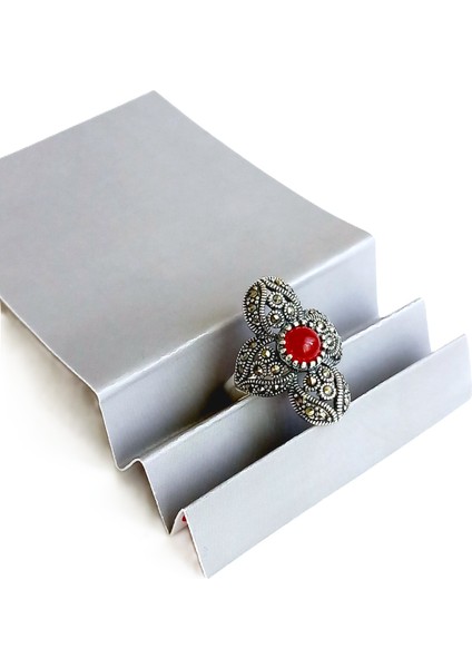 18 Ayar Altın Kaplama Büyük Otantik Yonca Tasarım Markazit Taşlı Kadın Gümüş Yüzük