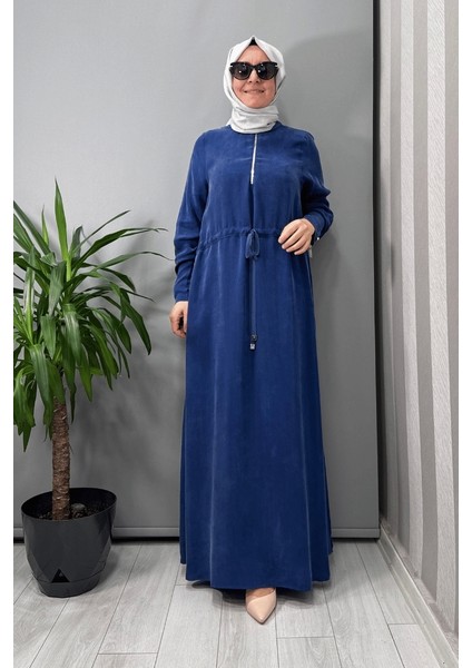 Yakası Fermuarlı Beli Büzgülü Cupro Elbise Indigo T25Y-4011