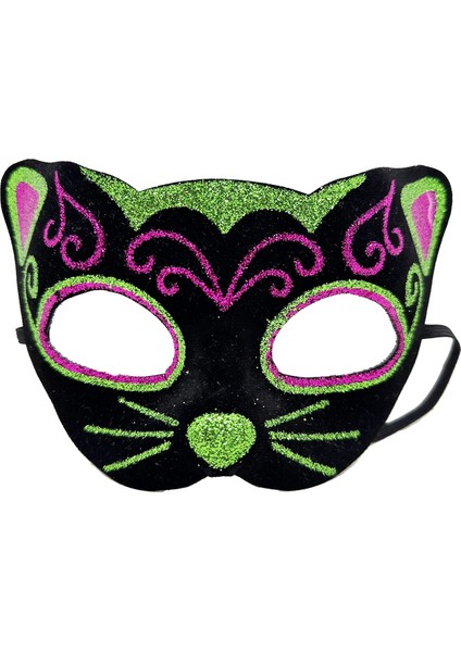 Siyah Kadife Kaplama Üzeri Pembe Yeşil Sim Işlemeli Kedi Maskesi 20X13 cm (5047)