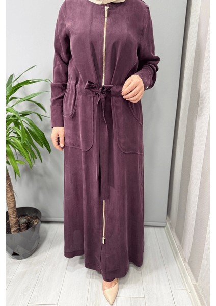 Yakası Fermuarlı Beli Büzgülü Cupro Elbise Bordo T25Y-4011 modelleri