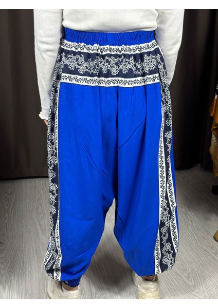 Mavi Etnik Desenli Salaş Viskon Şalvar - Lastikli Bel, Rahat Kalıp