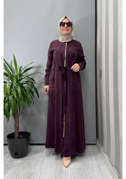 Yakası Fermuarlı Beli Büzgülü Cupro Elbise Bordo T25Y-4011