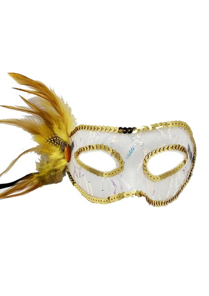 Altın Renk Yandan Tüylü Pul Payet Işlemeli Parti Maskesi 23X12 cm (5047)