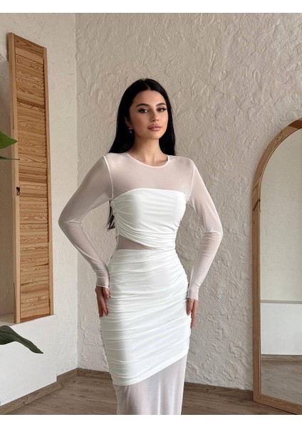 Kadın Transparan Uzun Elbise – Uzun Kollu ve Yırtmaçsız