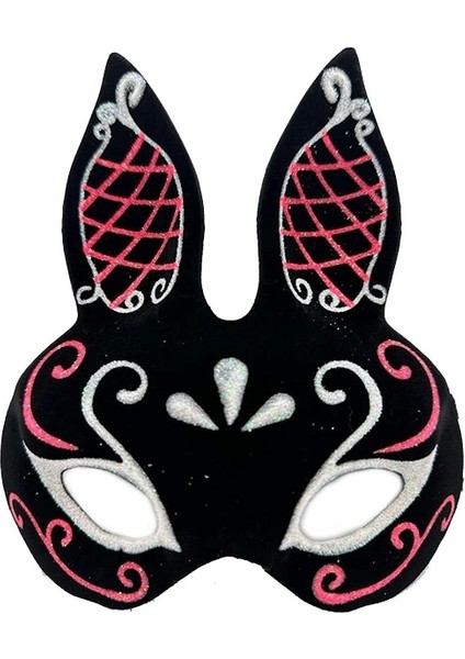 Siyah Renk Kırmızı Beyaz Simli Siyah Süet Kaplama Tavşan Maskesi 18X16 cm (5047)