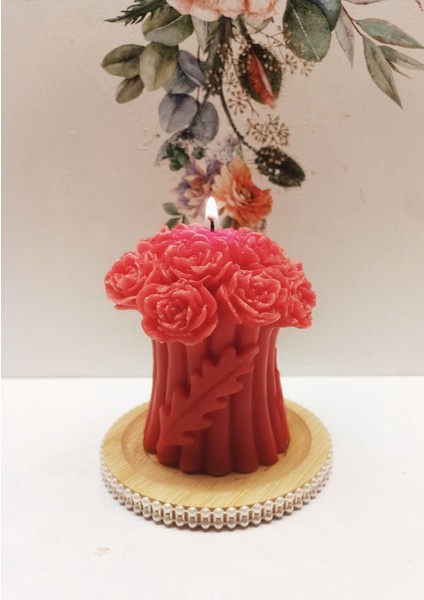 Soyawax Aroma Terapi Kokulu Çiçek Desenli Mum ve Inci Desenli Ahşap Mum Altlığı