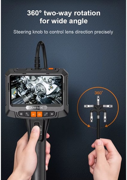 S10 360° Oynar Başlı Çift Kameralı 6mm Dual Lens 1 metre Yarı Sert Kablo Su Geçirmez Endoskop Kamera