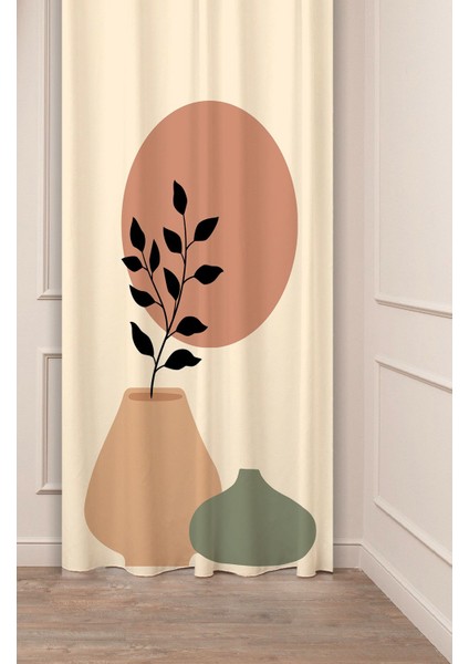 Vazo Yaprak Bohem Minimalist Bej Krem Desenli Özel Tasarım Dijital Baskılı (Tek Kanat) Şık Fon Perde