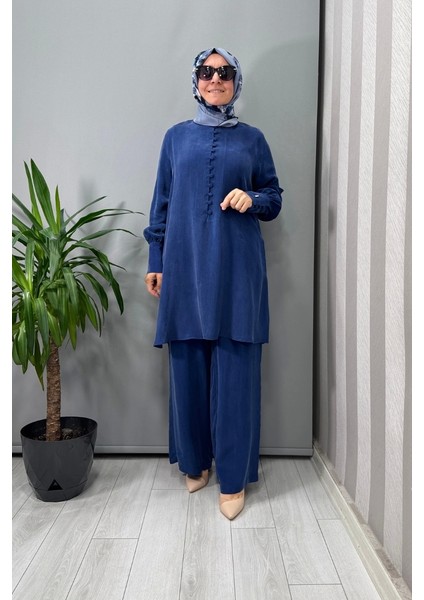 Yuvarlak Yak Brit Detaylı Tunik Mavi T25Y-6039