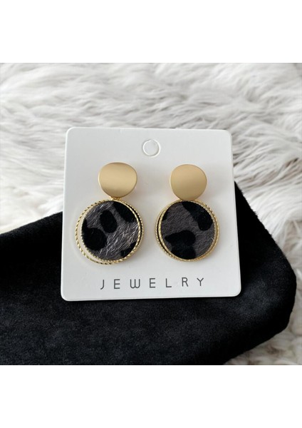 Leopar Dokulu Zaraamodel Gri Gold Halka Küpe