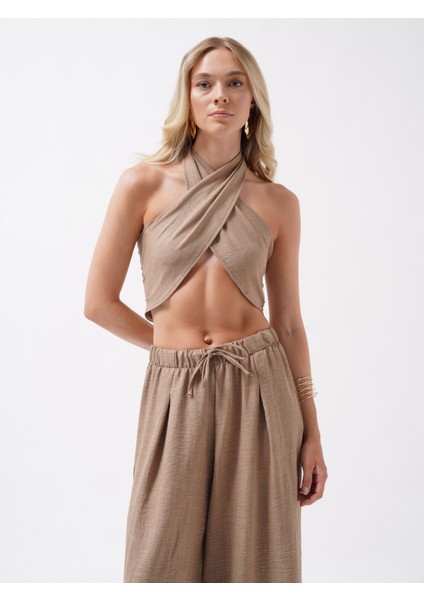Düşük Bel Oversize Keten Bej Pantolon