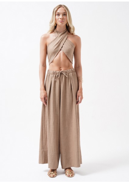 Düşük Bel Oversize Keten Bej Pantolon