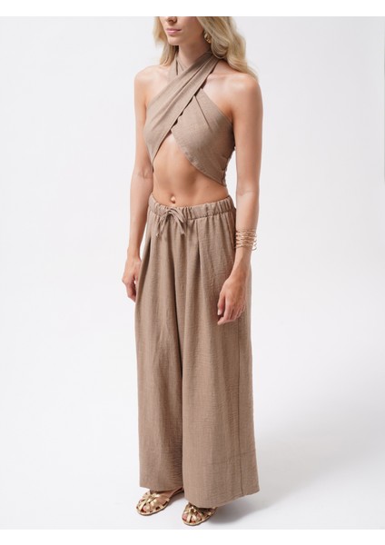 Düşük Bel Oversize Keten Bej Pantolon