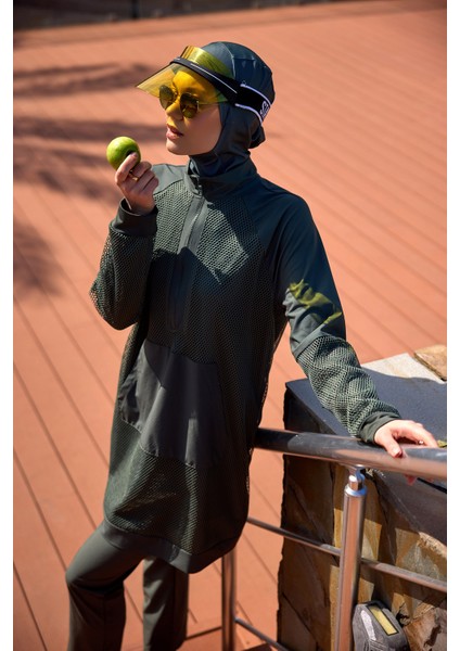 Haki Tam Kapalı Tesettür Mayo – Tül Detaylı, Modern Stil, M2534-3 modelleri