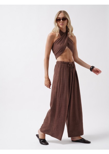 Düşük Bel Oversize Keten Kahverengi Pantolon